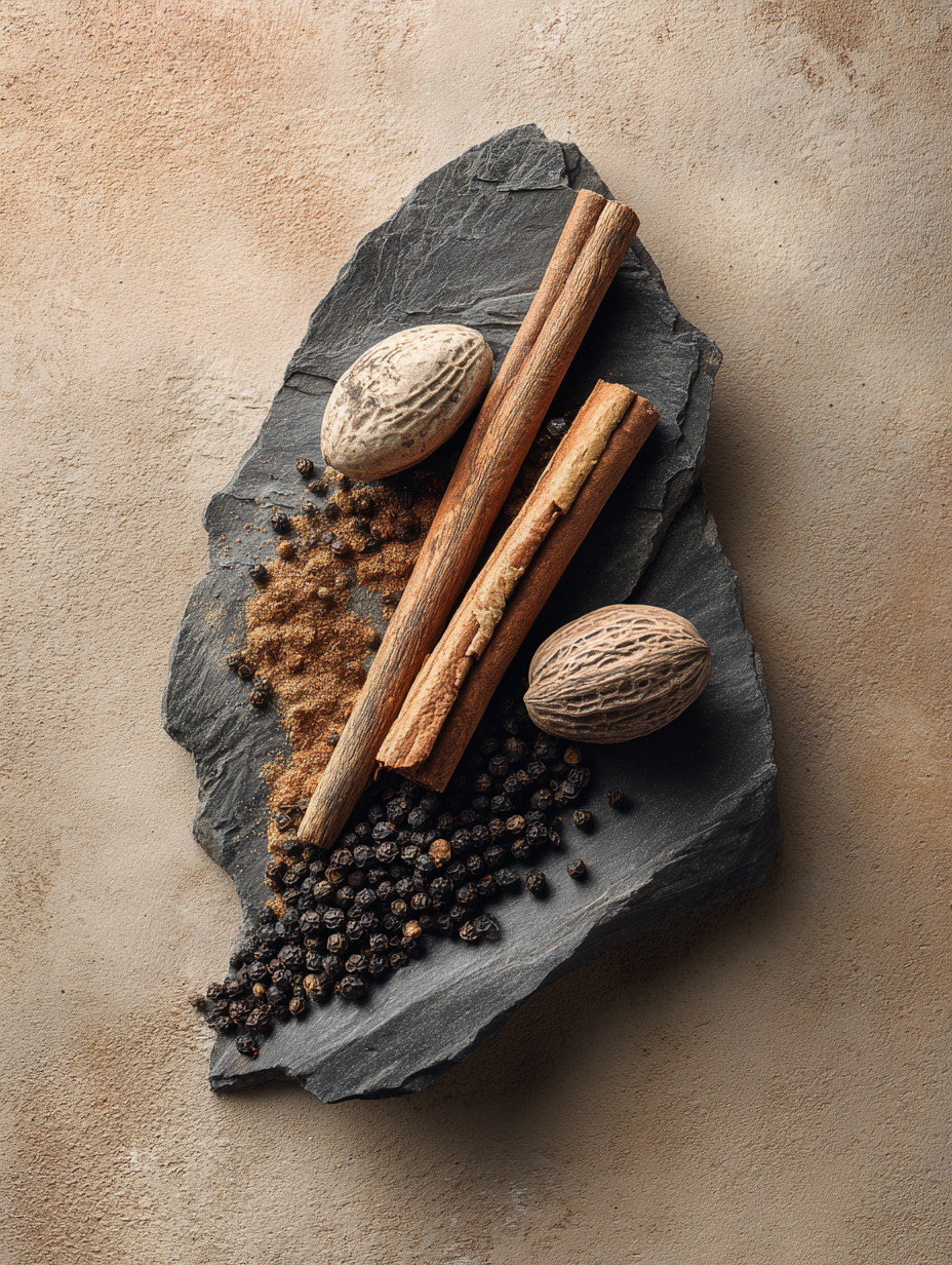 Top notes of the Sandalure 18: cinnamon, nutmeg, and black peppercorns, presented in a minimalist style for perfumery and fragrance development.