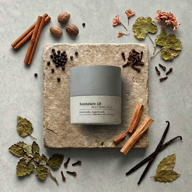 A scented candle in a concrete vessel, Sandalure 18, displayed with natural ingredients like cinnamon sticks, cloves, and vanilla beans on a stone surface.