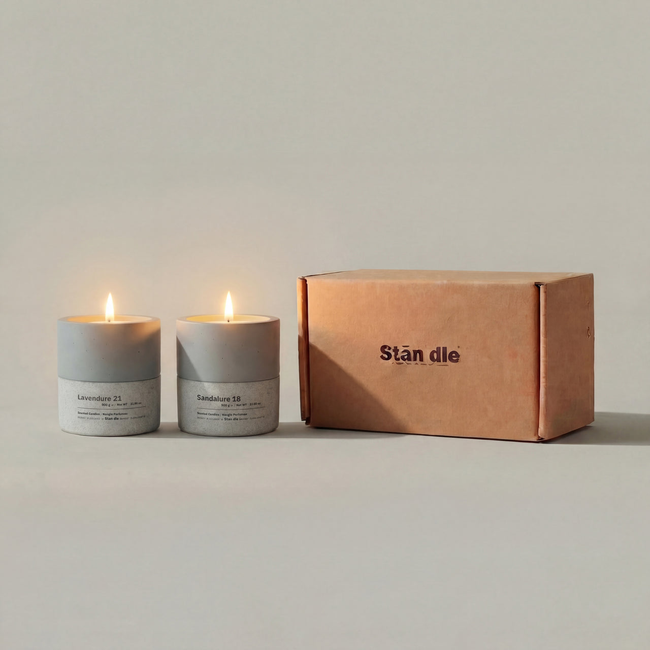 Stān dle Aromatic candle gift set — Lavendure 21 and Sandalure 18 soy candles in concrete vessels with kraft paper gift box