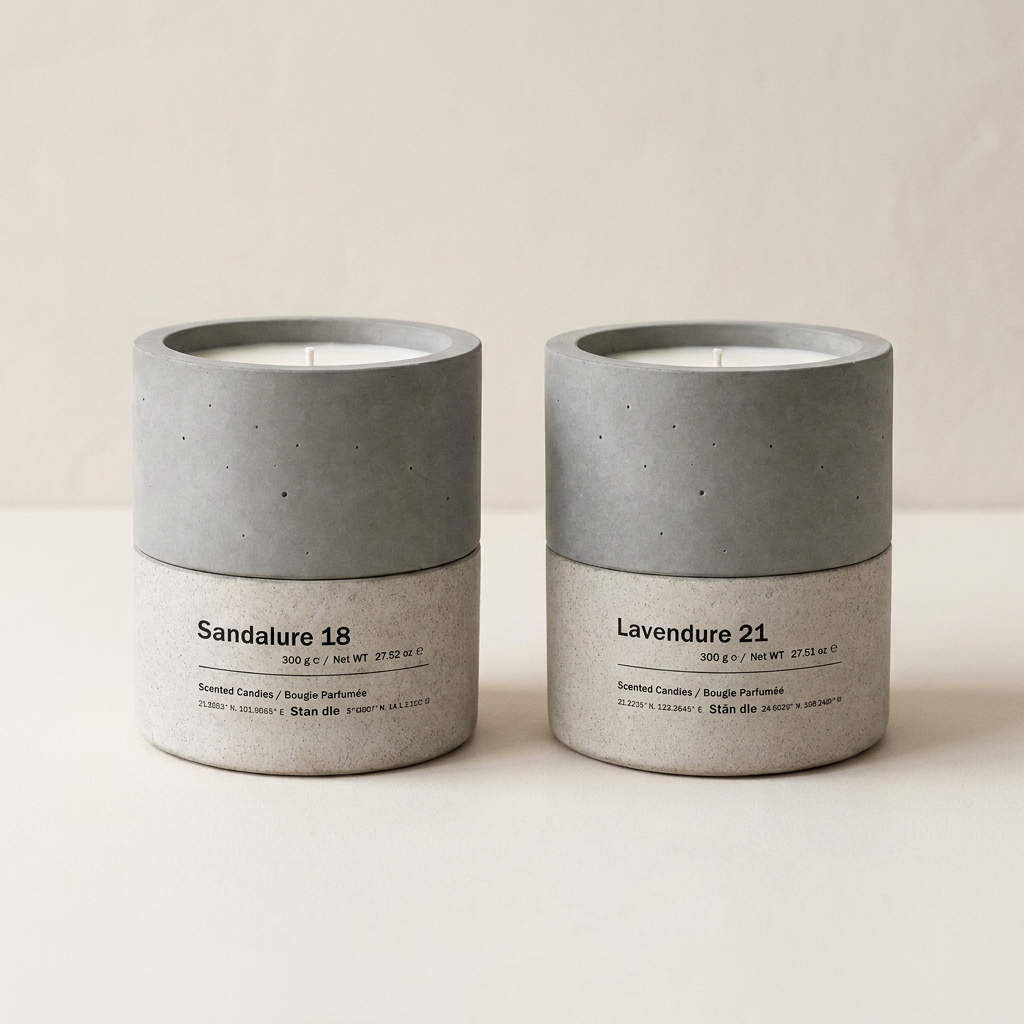 Stān dle candle duo — Sandalure 18 sandalwood and Lavendure 21 lavender soy candles in concrete vessels