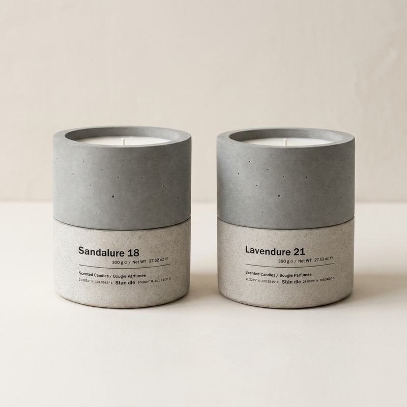 Stān dle candle duo — Sandalure 18 sandalwood and Lavendure 21 lavender soy candles in concrete vessels
