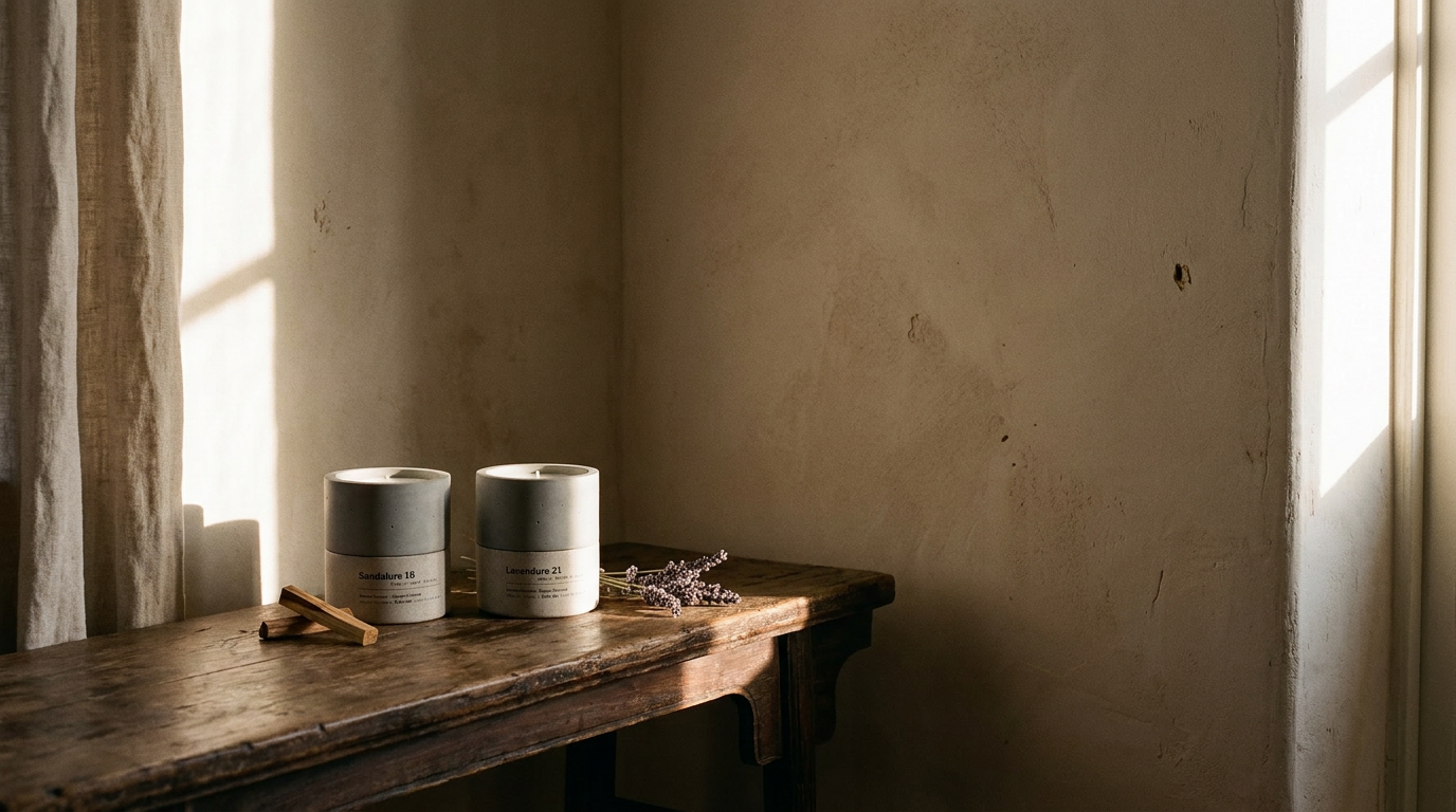 Two Stān dle hand-cast concrete soy candles on aged wooden bench against warm plaster wall