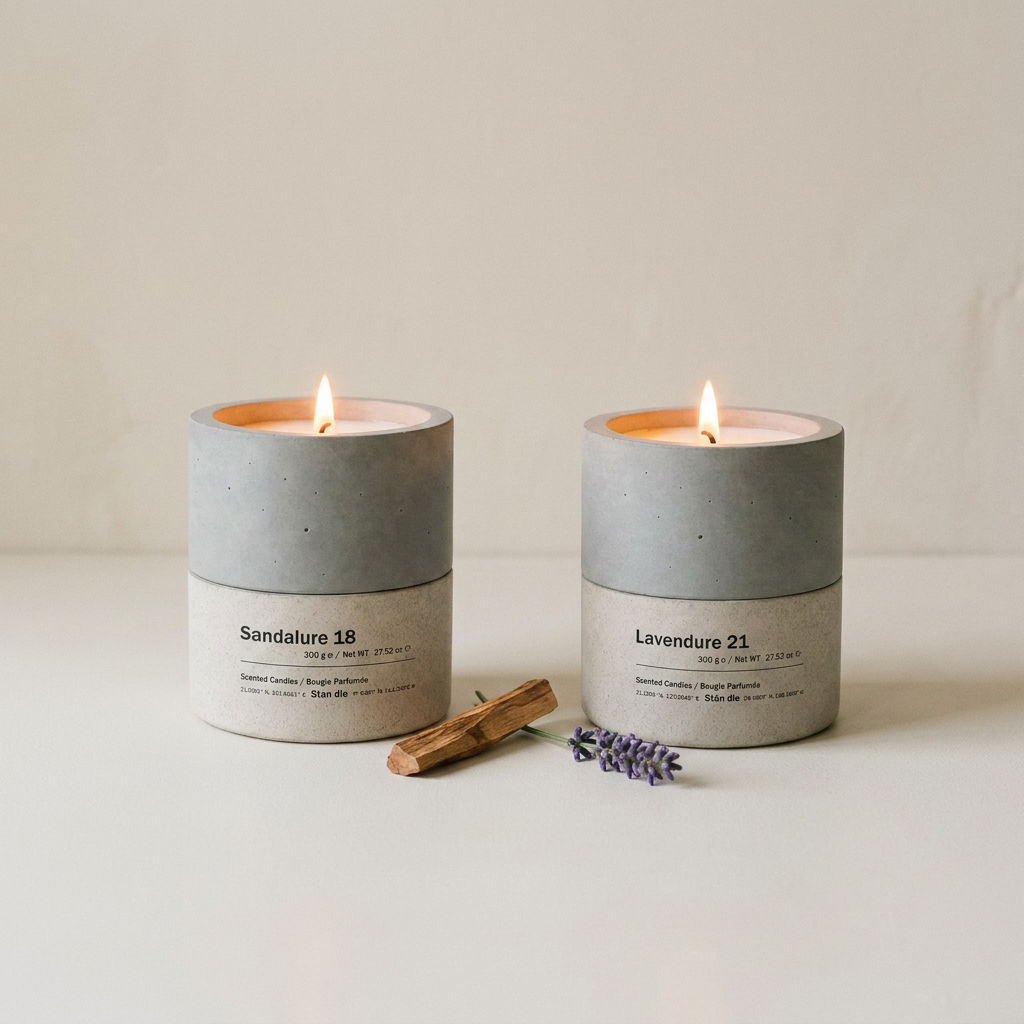 Sandalure 18 and Lavendure 21 concrete soy candles both burning with fragrance ingredients