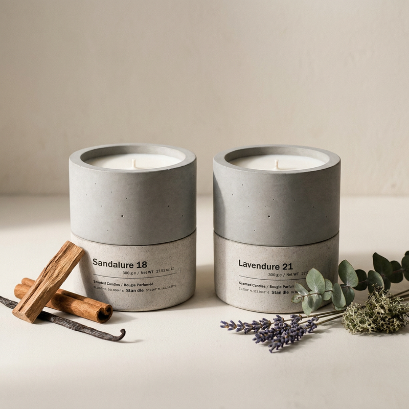 Sandalure 18 and Lavendure 21 soy candles with cinnamon, vanilla, lavender, and eucalyptus fragrance ingredients