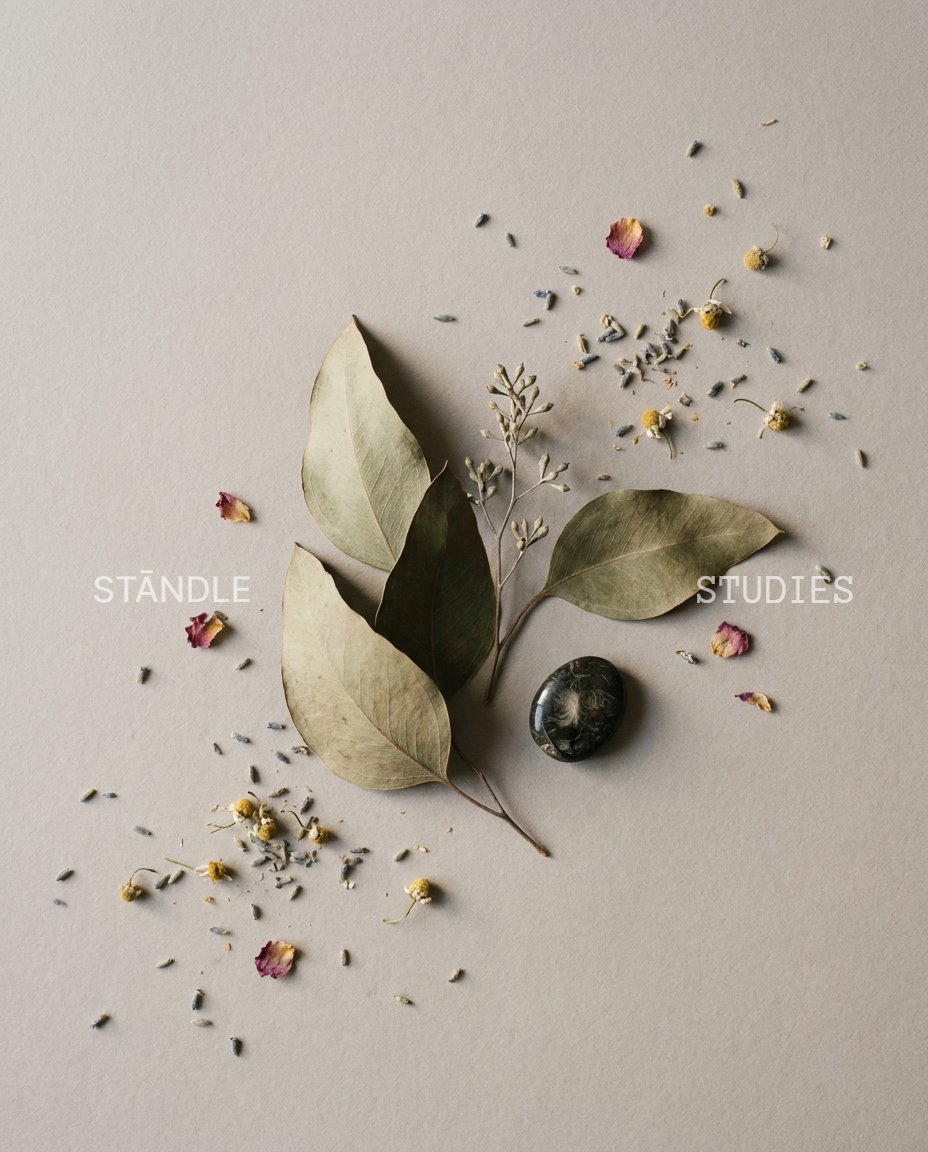 Dried eucalyptus leaves and a dark stone — Lavendure 21 eucalyptus scent study