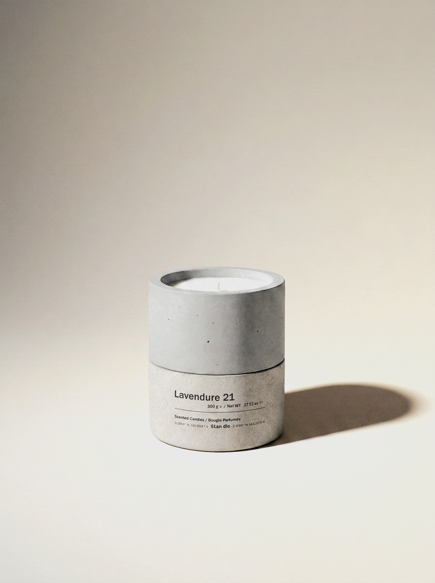 Lavendure 21 lavender and eucalyptus candle — 300g soy wax in a two-tone hand-cast concrete vessel, unlit, on a warm off-white studio backdrop