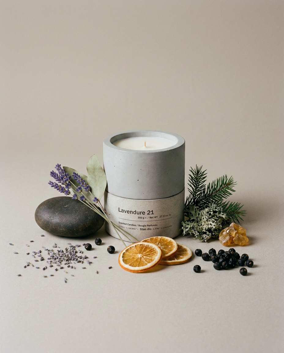 Lavendure 21 lavender and eucalyptus candle surrounded by its fragrance notes — dried lavender, eucalyptus leaf, fir needle, dried orange slices, black currants, oakmoss lichen and amber resin