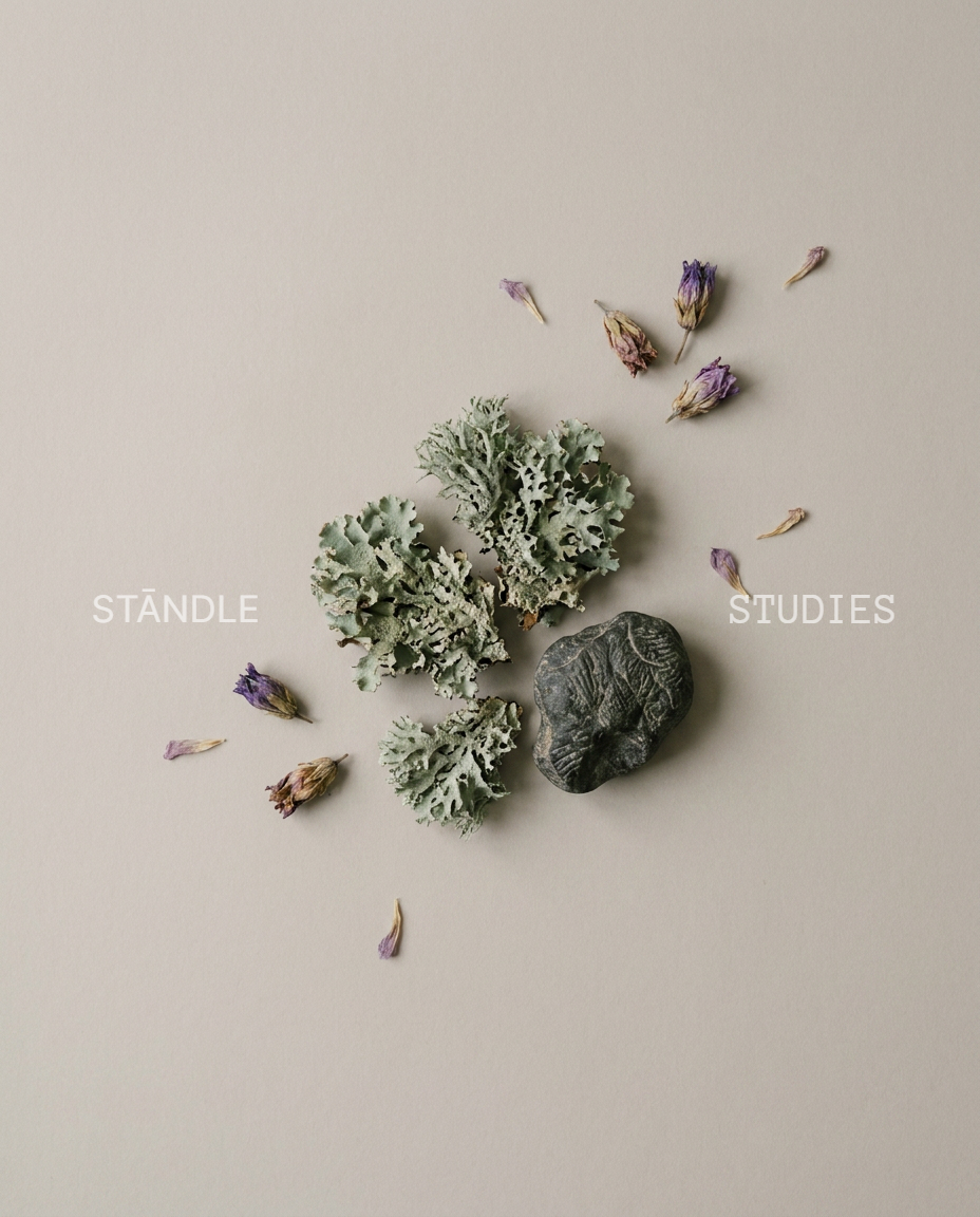 Grey-green oakmoss lichen and a dark river stone — Lavendure 21 oakmoss scent study