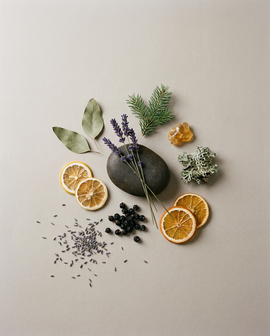 Flatlay of Lavendure 21 scent ingredients — dried lavender, eucalyptus leaves, and oakmoss