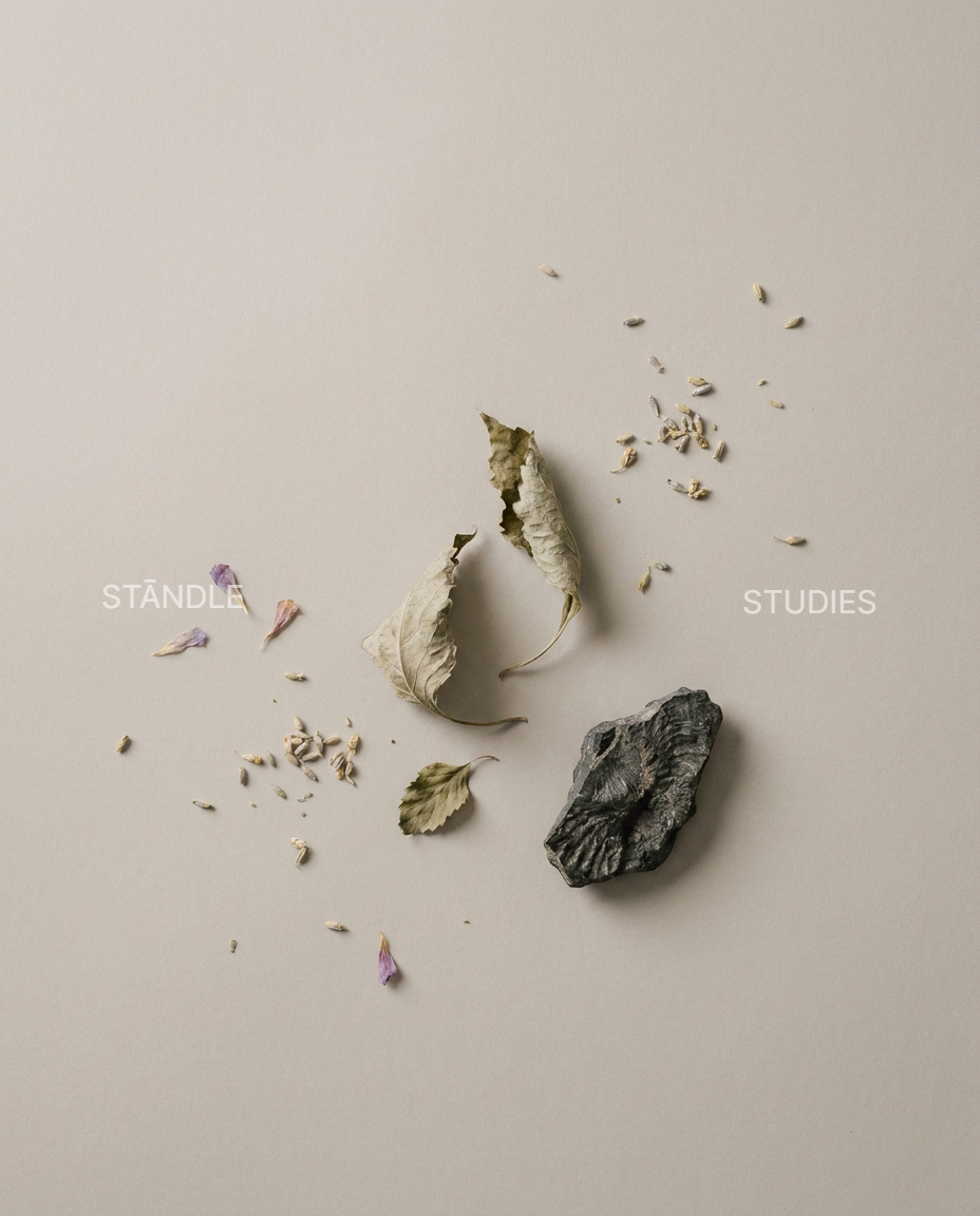 Flat-lay study of dried patchouli leaves beside a dark stone — Stāndle Sandalure 18 patchouli note.