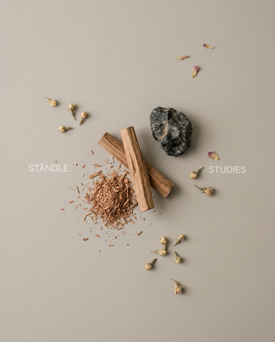 Flat-lay study of raw sandalwood blocks and shavings beside a dark stone — Stāndle Sandalure 18 sandalwood note.