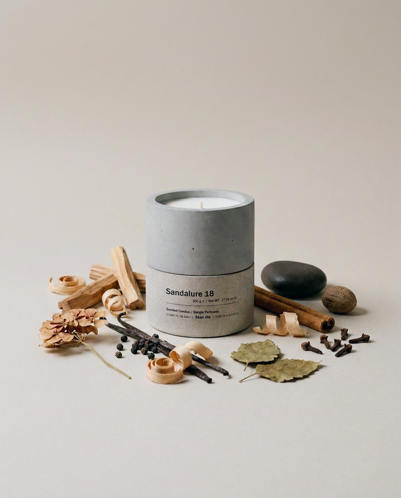 Sandalure 18 sandalwood and vanilla candle surrounded by its fragrance notes — sandalwood shavings, vanilla pods, cinnamon stick, whole nutmeg, cloves, black peppercorns, dried geranium and patchouli leaves
