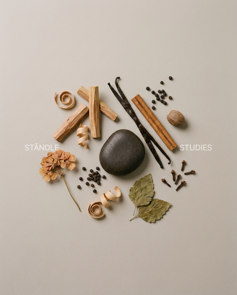 Flatlay of Sandalure 18 scent ingredients — sandalwood blocks, vanilla pods, and cinnamon sticks