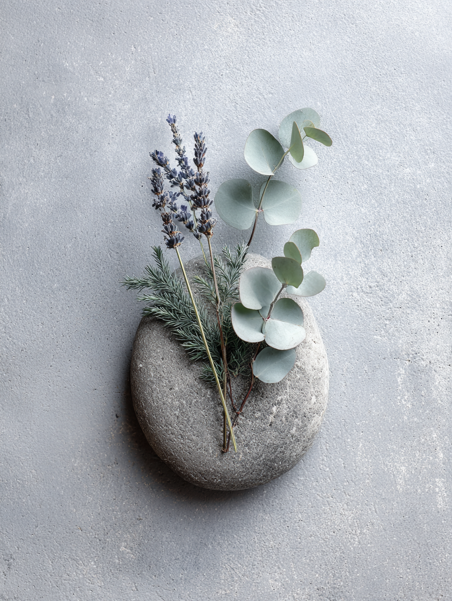 The serene heart of Lavendure 21: a plush sprig of lavender, a silvery eucalyptus leaf, and aromatic fir needles, representing the calming and botanical core of this aromatic fragrance.