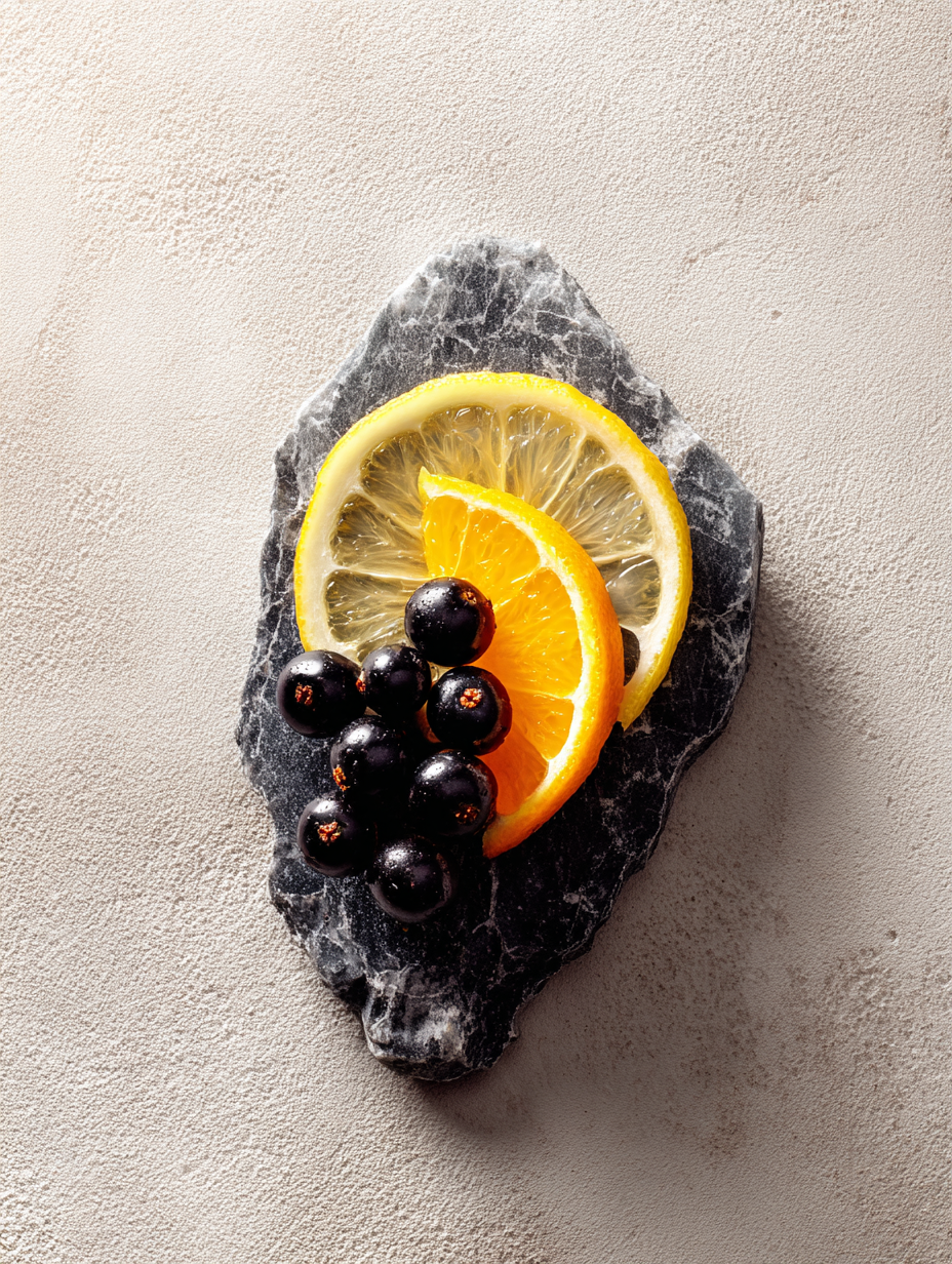 The vibrant opening of Lavendure 21: a fresh lemon wheel, juicy orange slice, and glistening blackcurrants, representing the sparkling citrus and berry top notes of the fragrance.