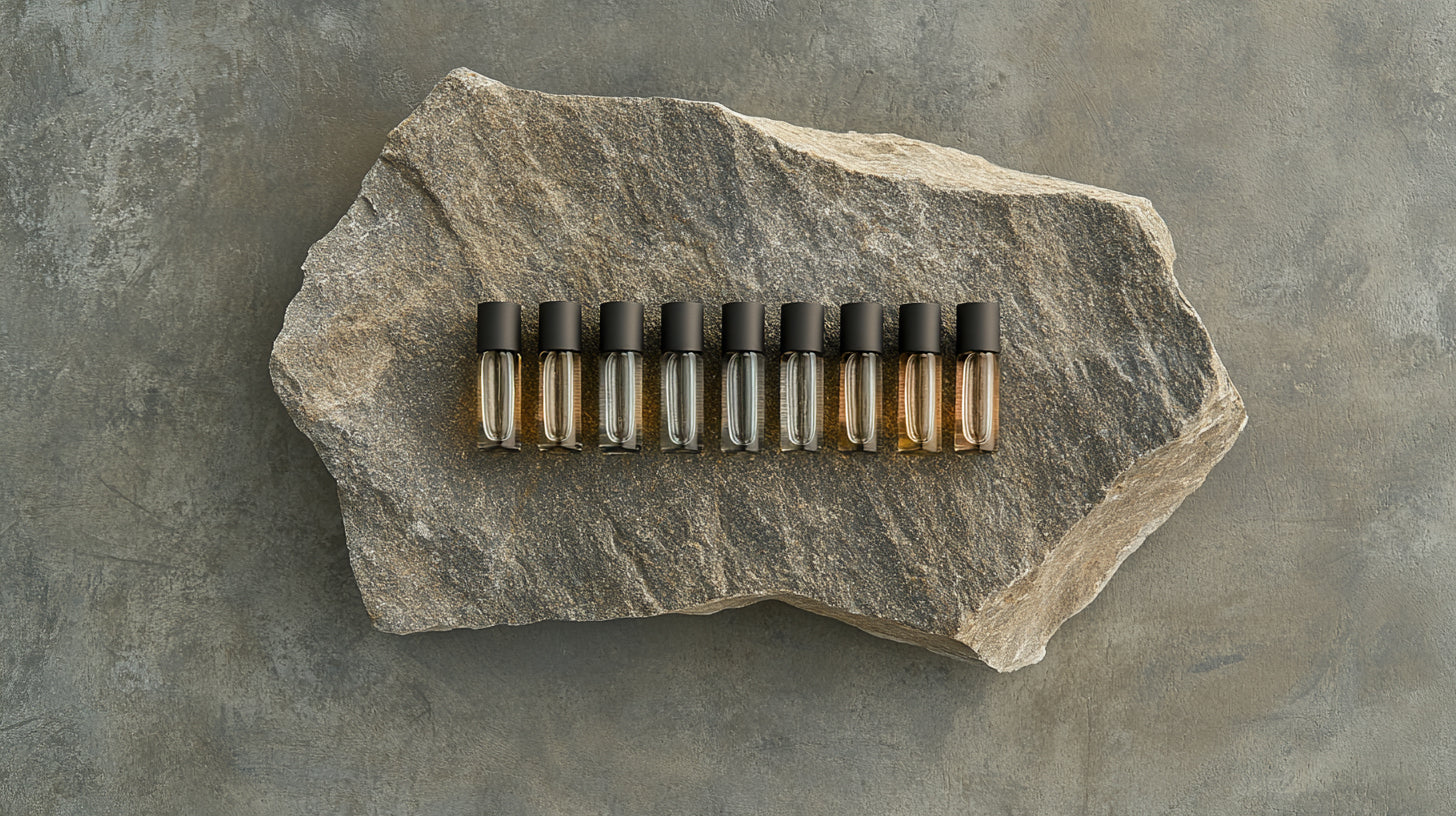 A set of 10 elegant perfume vials arranged neatly on a textured stone surface
