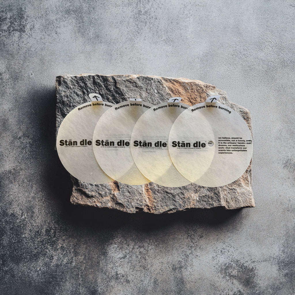 Stān dle candle care instructions - remove before burning labels on wax protectors